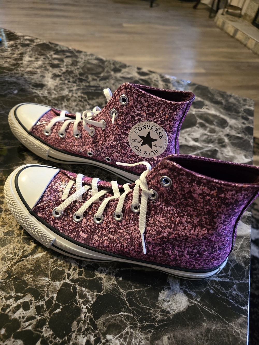 Converse Women’s High Top Glitter Sneakers in Pink - Picture 2 of 5